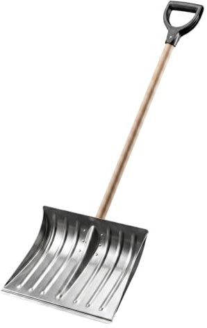 Aqbau Pala da neve in alluminio, 135 cm, con manico in legno, manico a D, robusta pala da neve da 1,5 mm, per cortile e vialetto, impugnatura antiscivolo con rinforzi