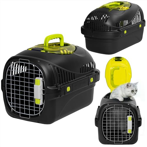 Peluvio SAFY Trasportino Rigido per Gatti e Cani fino a 5 kg per Auto, Ventilato, Facile da Pulire, con Apertura Superiore per Controllo, Maniglia, Porta in Metallo con Doppia Sicura e Ciotola Inclusa