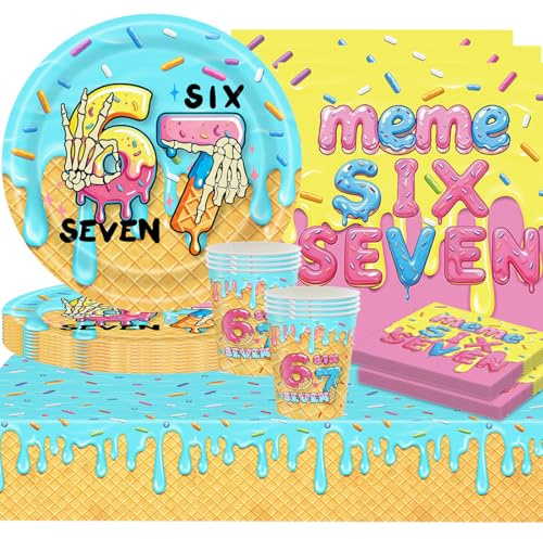 61 piezas Vajilla de fiesta helado six seven de verano,Decoración cumpleaños meme 67 Ice cream,Fiesta temática meme 67 divertido,SANYUANHE Donut gesto calavera platos tazas servilletas manteles