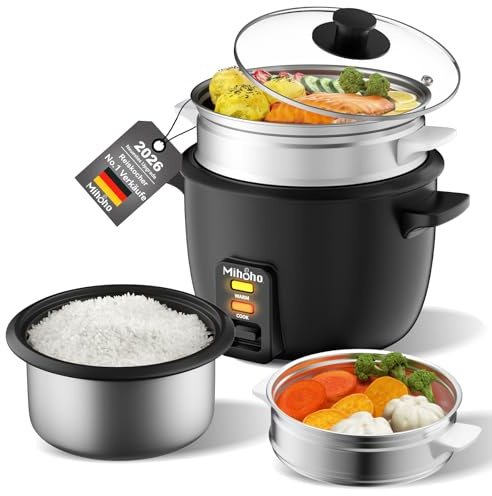 Arrocera eléctrica de 1 L, cuenco de acero inoxidable con tapa de cristal, función de mantenimiento del calor, función de cocción al vapor, incluye inserto al vapor, cuchara, vaso medidor (negro F)