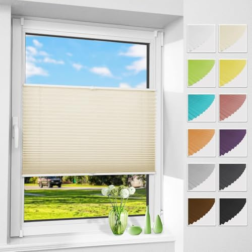 Allesin Plissee ohne Bohren Plissees Klemmfix Beige 90x150cm(BxH), Plisseerollo Faltrollo mit Klemmträger, Jalousie Rollos für Fenster und Tür, Sichtschutz und Sonnenschutz