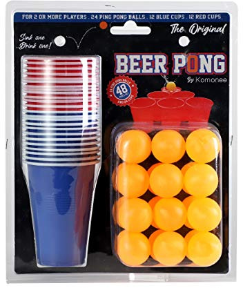 Komonee Beer Pong Set Supersize Mega Value Pack 48 PCs American Adult Indoor Novelty Drinking Game 24 Re-usable Cups and 24 Orange Balls