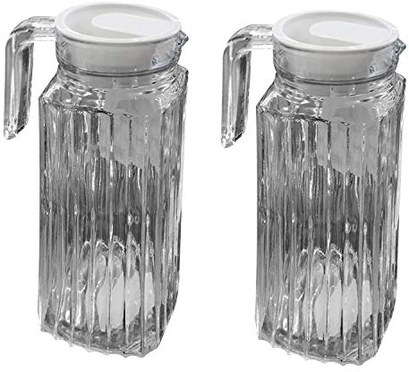 Lot de 2 pichets en verre pour réfrigérateur avec couvercle - Distributeur de boisson - Carafe à eau - Carafe en verre - Poignée - 1 l - Hauteur : 24 cm