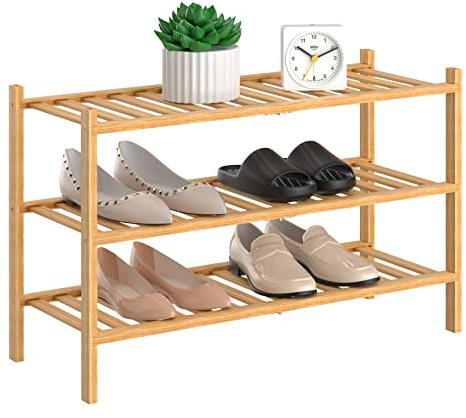 RONGJlA 3 Tier Bamboo Shoe Rack for Closet Free Standing Wood Shoe Shelf Storage Organizer for Entryway Small Space Stackable, Natural