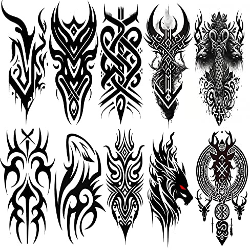 Temporary Tattoos AWLEE Waterproof Viking Tribal Totem - Long Lasting Fake tattoo for Men and Women 10 Sheets