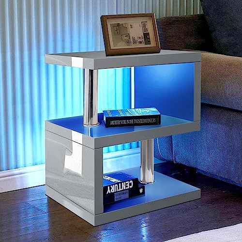 Side Table, Small Bedside Table, Sofa Side Table with 2 Tier Storage Shelves with Led RGB Lights Nightstand S Shape High Gloss for Living Room Home Office Furniture Grey