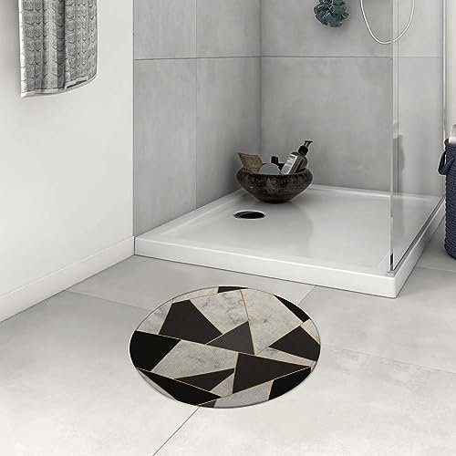 Badezimmerteppich rutschfest Mosaik schwarz geometrische goldene Linien weißer Marmor Textur Luxus-Stil Waschbar teppich rund Weich Flauschig Badteppich Weich Kurzflor Mikrofaser Badvorleger 60 cm