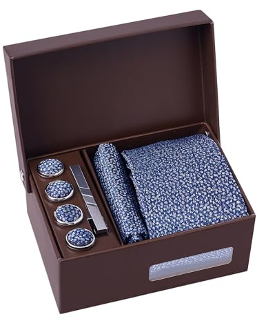 BRERA 67-5 Pezzi Cravatta Uomo elegante + Fazzoletto da taschino uomo + Gemelli + Copribottoni + Fermacravatta, Set uomo con confezione regalo