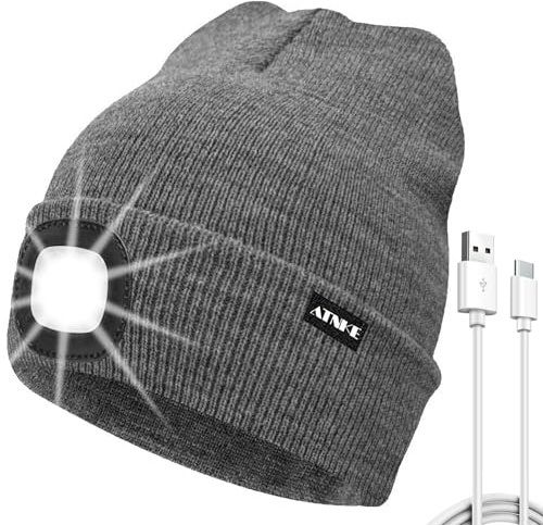 ATNKE LED-upplyst mössa hatt, USB typ C uppladdningsbar 4 LED löpning pannlampa ultralätt keps med lätta händer fria pannlampa vinter varm stickad gåvor för män och kvinnor, Grå, one size