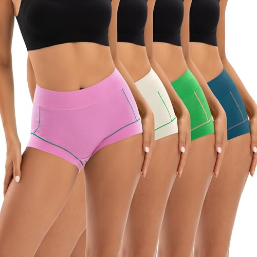 INNERSY Boxershorts Damen Baumwoll Unterwäsche Sport Unterhosen High Waist Schlüpfer Mehrpack 4 (L, Cremeweiß/Blau/Rosa/Grün)