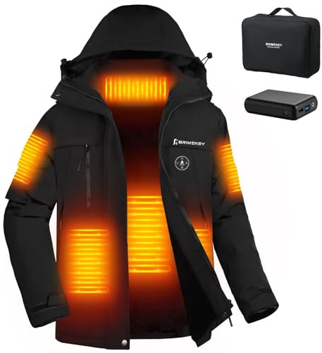 Brimekey Chaqueta Calefactable con Capucha Mujer, Chaquetas de Esquí Termica de Forro Polar Impermeable & Cortaviento con 12000mAh Bateria, 6 Zonas de Calor, Abrigode Calefaccion para Invierno