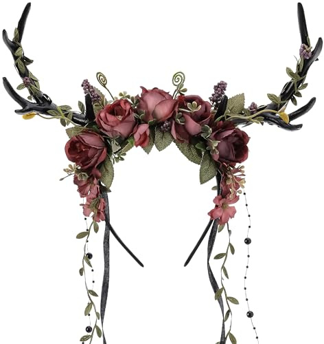 MOSTORY Dark Flower Antler Headband, Floral Black Reindeer Headpiece