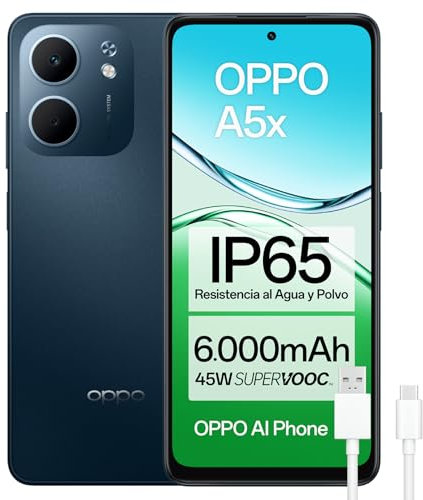 OPPO A5x - Smartphone Libre con IA, 4GB RAM + 128GB, Pantalla 6.67 90Hz, Cámara 32MP, Batería 6000, Carga Rápida 45W, Versión Española – Azul
