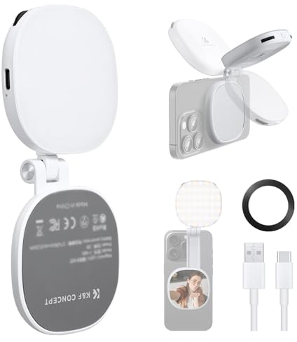 K&F CONCEPT Luz magnética para Selfies con Espejo, luz de Anillo de teléfono móvil de 900mah Compatible con iPhone Magsafe, luz de Relleno de Anillo de Selfie LED de 360° para Selfies, 673lux, Blanco