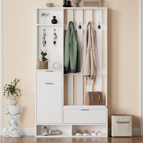 SUKY Appendiabiti 6 in 1, 100 x 30 x 180 cm, con 8 ganci, scarpiera e ripiani, protezione antiribaltamento, armadio compatto con cassetti e armadi, 100 cm di larghezza, scarpiera, colore bianco