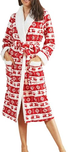 Generisch Peignoir de bain de Noël pour femme - Manches longues - Flanelle - Avec imprimé Père Noël - Peignoir de sauna moelleux avec poches et ceinture - Chaud et doux - Confortable, O rouge., M