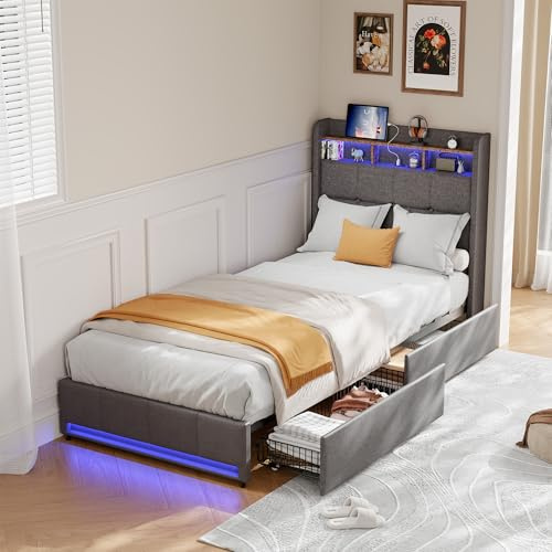 BPKADHY Cama juvenil de 90 x 200 cm con LED, cama tapizada individual con espacio de almacenamiento, 2 cajones, cabecero con función de carga USB, estructura de cama con somier, lino en gris, sin