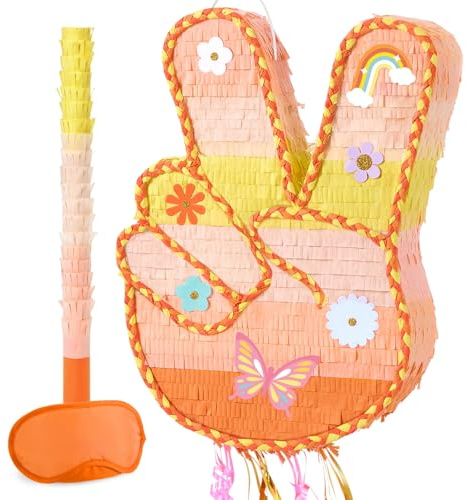 WERNNSAI Funny Groovy Peace Sign Pinata Yellow Hippie Hand Gesture Pinata | Retro Hip Hop Birthday Party Supplies Two Groovy Daisy Party Decorations with Blindfold and Bat
