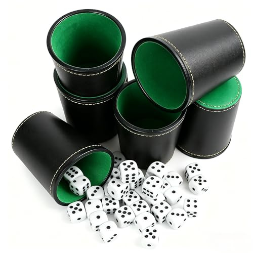 Gobelets à Dés,Tasse à dés silencieuse,6 pcs Gobelet Cube avec 36 Pcs des | Tasses à Des en Cuir Synthétique Doublure en Flanelle Vert, pour Le Bar Jeu et Fête Jeux de Table,Noir
