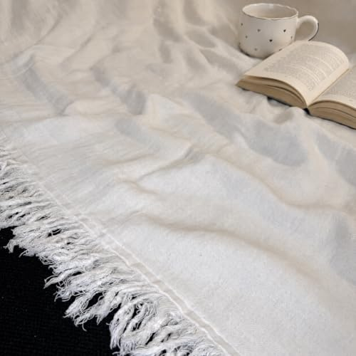 Kava Manta Algodón 100% para Sofá y Cama – Manta Muselina 120x170 cm Ligera, Suave y Transpirable – Plaid Decorativo con Flecos – Blanco Natural