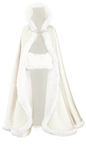 BEAUTELICATE Mantello con Cappuccio Donna Mantella Lungo Pelliccia Sintetica Raso da Sposa con Mano Manicotto per Matrimonio Invernale Hallween Natale Carnevale Cosplay (Avorio, 127cm)
