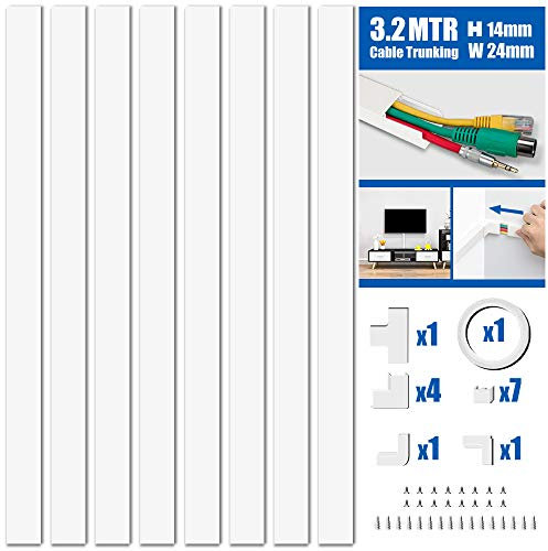 MUDEELA Cable Trunking Kit, Trunking for TV Cables, Self Adhesive Wall Cable Tidy, Wire Covers Wall, Cable Management to Hide Wall Mount TV Powers Cords in Home Office, 8X L400mm, W24mm H14mm, White