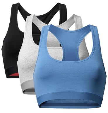 DANISH ENDURANCE Bralettes for Women, Non Wired Bra, Organic Cotton, Racer Back Bra, Comfort, Bras for Women Multipack, 1 or 3 Pack, Multicolour (1 X Black, 1 X Grey, 1 X Blue) 3-Pack, S