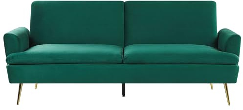 Modern Sammet 3-sits Bäddsoffa Mörkgrön Konvertibel Klack Klack Gulda Metall Ben Vettre