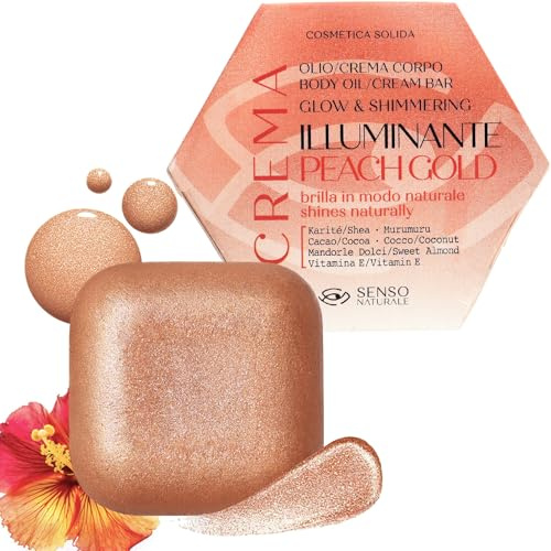 Senso Naturale Olio Corpo Illuminante Solido Peach Gold Crema Abbronzante Corpo con Brillantini Shimmer Glitter, Idratante Nutriente, Tamarindo Tropicale, Vitamina E Burro di Karitè, Naturale Vegano