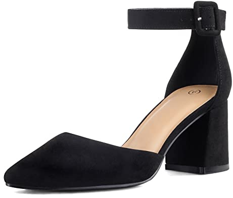 mysoft Women's Pointed Toe Low Chunky Heels Closed Toe Ankle Strap Dress Pump Shoes - Available in Wide Sizes