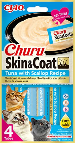 INABA Churu Skin & Coat - Thunfischpüree und Jakobsmuscheln - Omega 3 & 6 und Taurin - Cremiger Textur - Katzenfutter für Haut & Fell - 4 Tuben x 14g