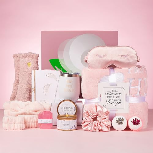 YMing Regalos de cuidado personal para mujeres, paquete de cuidado personal con manta de franela de lujo para mujer, caja de regalo relajante de spa, cesta de cumpleaños, día de San Valentín, regalos
