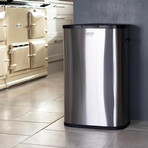 CHARLES BENTLEY Kitchen Bin, 55 Litre, Touch Sensitive, Kitchen Bin, Stainless Steel, Rubbish Bin, Waste Bin, Slim Kitchen Bin, Touch Bin, Removable Inner Bin Ring, Easy to Clean (62.5x42.5x28.5cm)