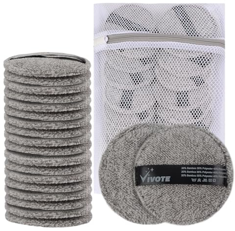 VIVOTE 20 almohadillas de microfibra lavables reutilizables de microfibra, suaves, para limpieza facial y cuidado de la piel, con bolsa de lavandería (carbón de bambú)