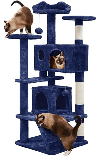 Yaheetech 139cm Cat Tree for Indoor Cats with Scratching Posts, Navy Blue | Multilevel Cat Tower, 2 Condos, 3 Perches, Sisal Posts, Ladder, Safety Strap, for Small to Large Cats, FSC-Certified