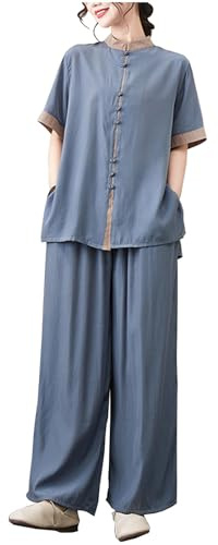 DAYKET Uniforme de Tai Chi Chino Tradicional de Manga Corta para Mujer, Ropa de Artes Marciales para Ejercicios Matutinos, Ropa de Kung Fu, Ropa de Salón,Darkgray-XXL