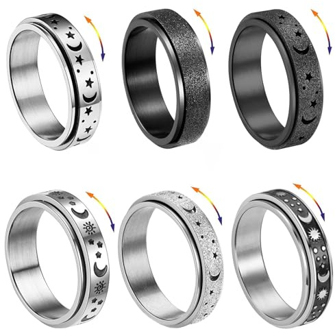 LOCCY 6 Pcs Hommes Acier Inoxydable Bague Noir/Argent Bague Lune Étoile Bagues Anti Stress en Acier Inoxydable pour Femme Homme Anneau Spinner Mariage Promise Bagues Fiançailles Anneau