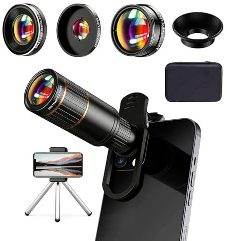 Updated Phone Camera Lens Kit 4-in-1, Come with 22X Telephoto Lens, 205° Fisheye Lens, 4K 0.67X Wide Angle Lens, 25X Macro Lens, Clip, and Phone Mini Tripod for iPhone and Android Phone Series