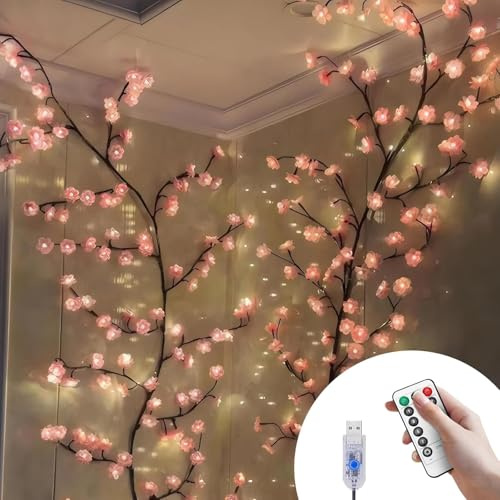 Árbol luminoso LED, árbol luminoso interior flor de cerezo, vino decoración con mando a distancia y 8 modos, temporizadores alimentados por USB, decoración de pared de dormitorio (cerezo rosas, 1,2 m
