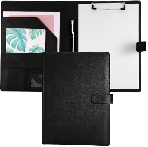JIANTA Schreibmappe A4 Konferenzmappe Klemmbrett A4 mit Deckel aus PU-Leder, Klemmbrettmappe mit Dokumentenfächern, Stiftehalter, Dokumententasche und Magnetverschluss - Schwarz