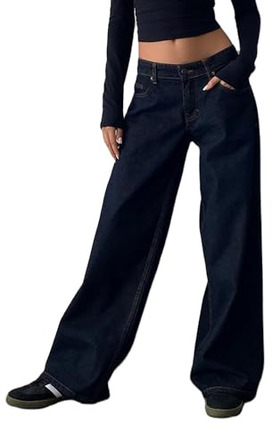 Y2K Jean boyfriend pantalon décontracté taille basse jambe large bleu foncé
