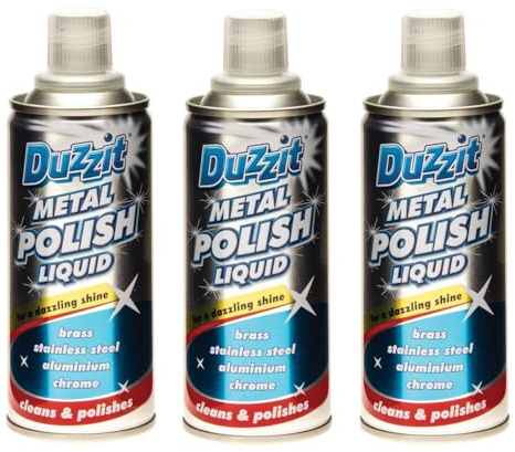 Duzzit Metal Polish Liquid – 120ml x 3 Packs – Cleans & Polishes Brass, Stainless Steel, Aluminium, Chrome & More for a Dazzling Shine