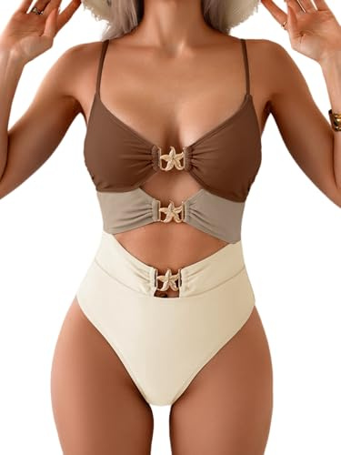Eomenie Sexy One Piece Swimsuit for Women Cutout Monokini Bathing Suit Starfish Beach Resort Swimwear Brown and Beige