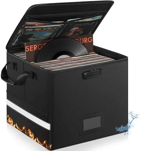 OUUTMEE Scatola di immagazzinaggio dischi in vinile ignifugo con serratura, impermeabile per dischi in vinile da 12, scatola di immagazzinaggio pieghevole per album LP, Nero , 34 x 34 x 34CM, Borsa