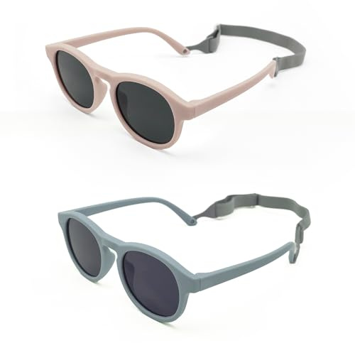 TUONYIS 2 Pièces Lunette Soleil Bebe Polarisées avec Sangle Réglable,Monture en Silicone Souple Protection UV 400 Polarisée pour Filles et Garçons en Bas âge Voyages Plage(Bleu + Rose)