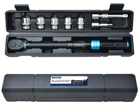 Zoomtools Set di 8 chiavi dinamometriche regolabili da 1/2, 20-220 Nm, precisione errore ±3%, con serratura e 72 denti, estensioni da 7,6 cm e 12,7 cm, prese da 17-19-21-22-24 mm per auto, moto