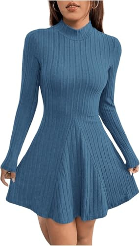 TrendiMax Robe pour Femme Automne Hiver Décontractée Manches Longues Mini Robes Patineuse trapèze Courte de fête Robe d'hiver Elegant Dress, Bleu, XL
