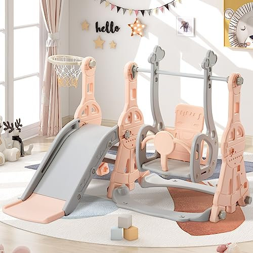 Scivolo per bambini 4 in 1,Altalena Scivolo per bambini Parco giochi per interni ed esterni con scivolo Balancoire Cestino da Basket Scala, Scivolo multifunzionale (Rosa-B, 140x118x82)
