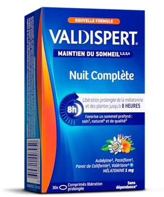 VALDISPERT- Nuit Complète - Maintien du Sommeil - Mélatonine et plantes - Libération prolongée 8h - Ingrédients Vegan - Complément alimentaire sommeil – 30 nuits – 30 comprimés
