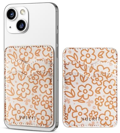 VULKIT Tarjetero Movil Cuero Bloqueo RFID Tarjeteros Adhesivos para Móviles Tarjetero Hombre o Mujer Tarjeteros para Tarjetas de Crédito, Floral Naranja